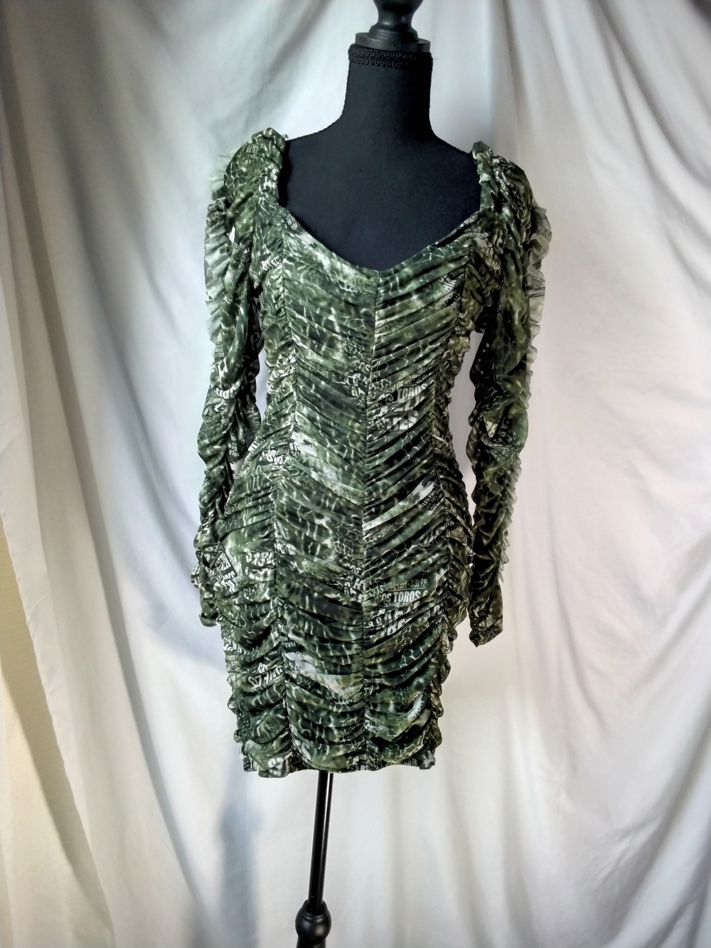 Olive Green Long-Sleeve Ruched Mini Dress